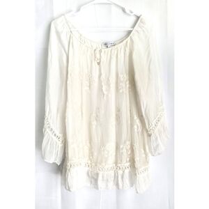 TEMPO PARIS Silk Embroidered Crochet Peasant Tunic Top M